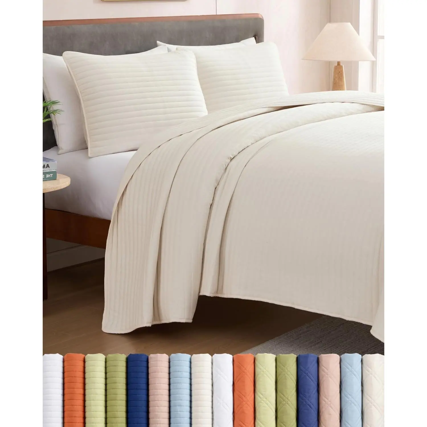 Quilts King Size - Cream Bedspread King Size with Stripe Stitch Pattern - Lightweight Bedspread for All Seasons - Soft Breathable and Comfy Summer Quilted Coverlet with 2 Pillow Shams - 106" x 96"