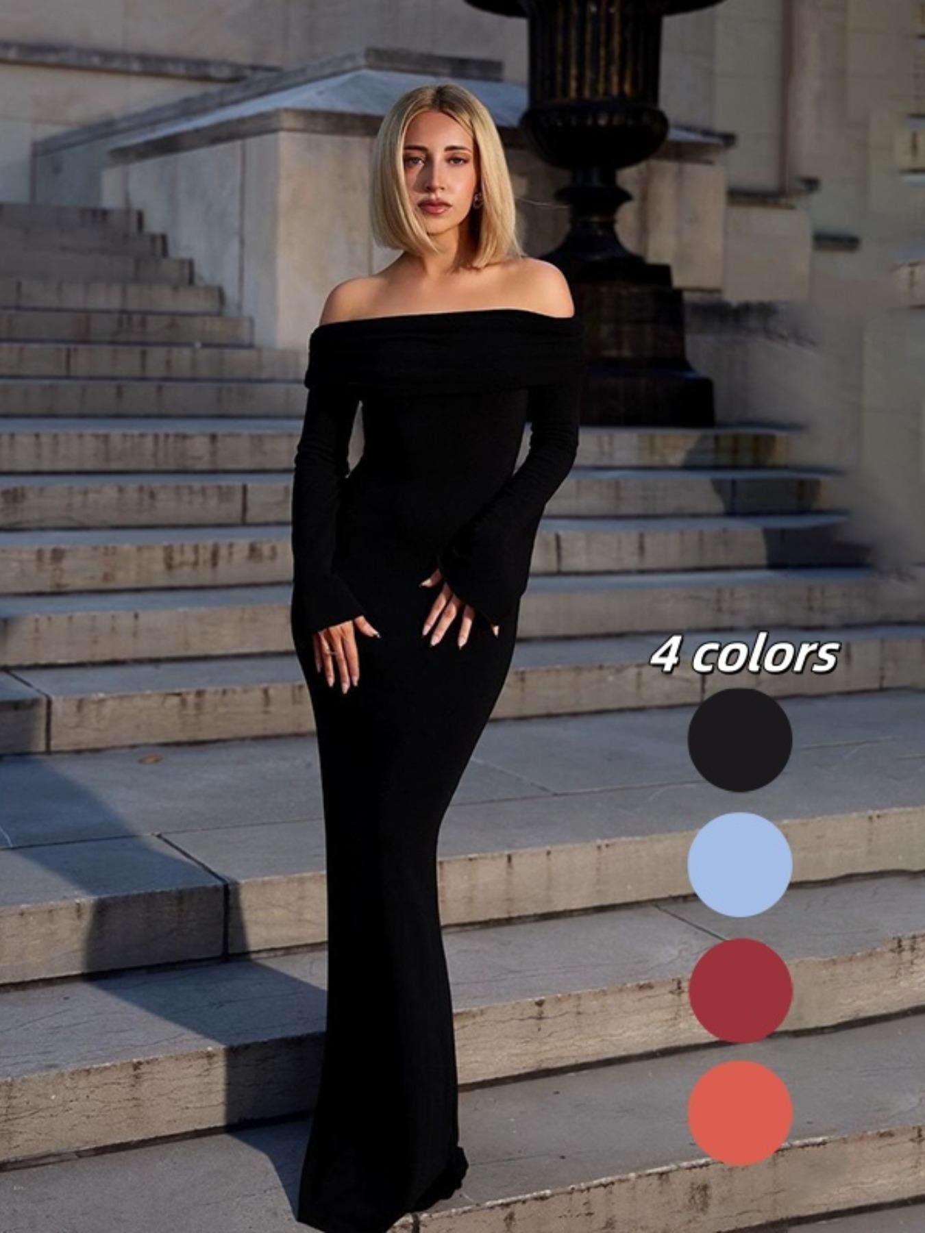 Women's solid color one-shoulder backless long-sleeve dress, casual and slim fit, suitable for parties, festivals, and wedding guests. Women's autumn and winter clothing, Christmas holiday party attire