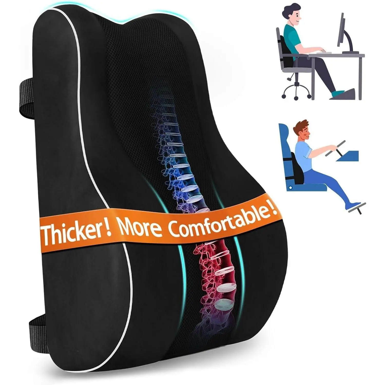 Ergonomic Lumbar Support Pillow, High-Density Memory Foam, Adjustable Straps, Washable Mesh Cover, Lower Back Support for Office, Gaming & Car Seat, BlackGift