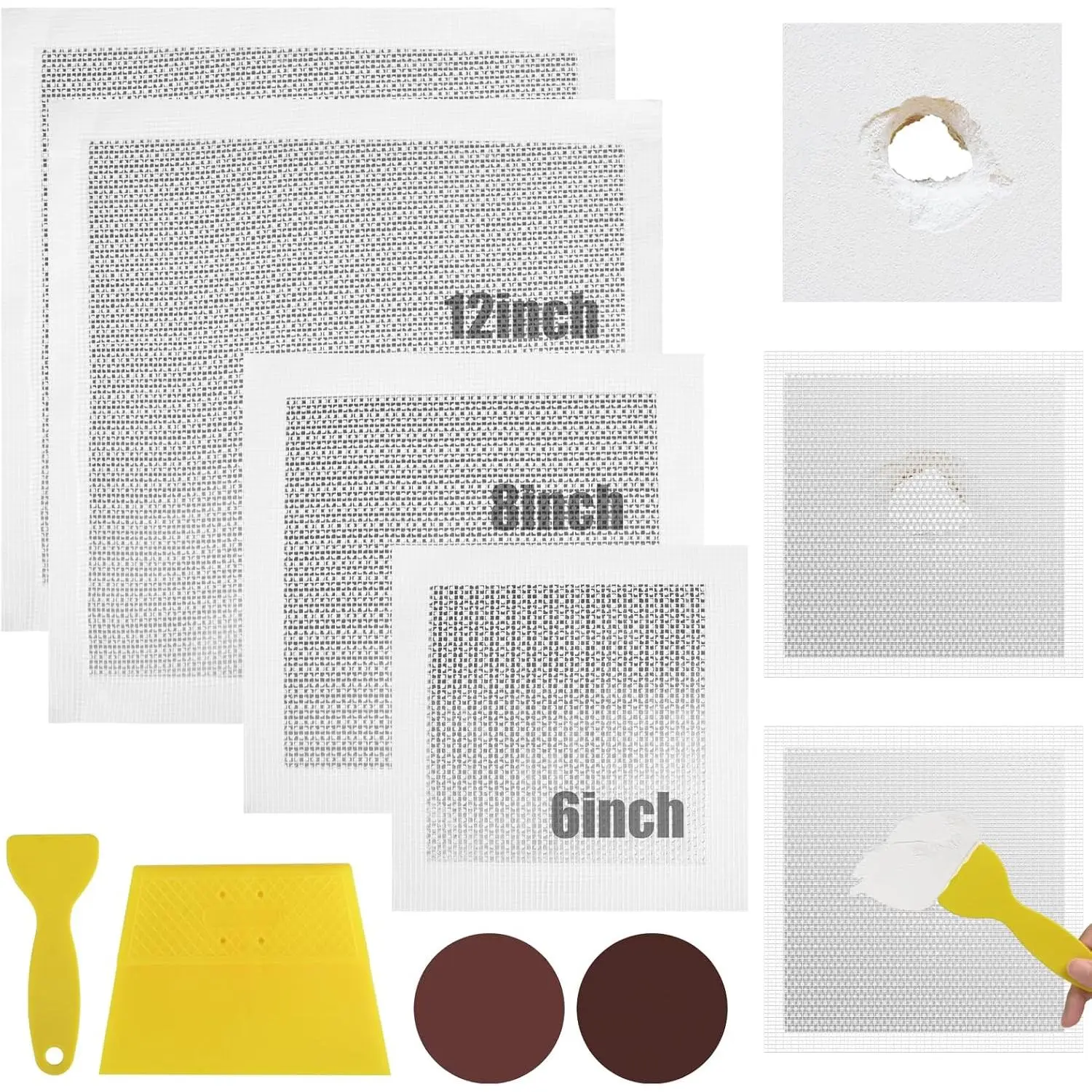 8 Pack Drywall Repair Kit, 6/8/12 Inch Dry Wall Patch Kits for Large Holes with Scraper & Sandpapers,Heavy Duty Self-Adhesive Mesh Drywall Hole Sheetrock Repair Kit for Wall Ceiling