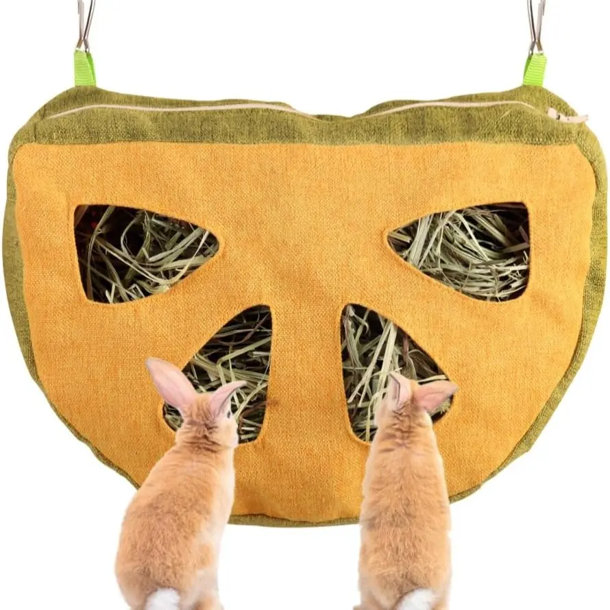Suspension Hay Bag, 4-Hole Rabbit Hay Feeder, Guinea Pig Feed Bag with 2 Hooks, Suitable for Rabbits, Hamsters, Chickens, Ducks, Small Animals, Feeding Supplies