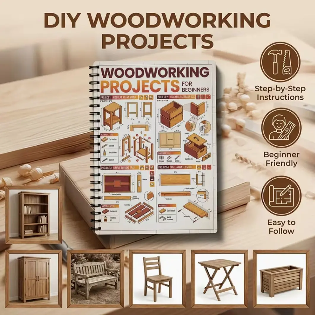 Woodworking Project Plan for Beginners, Step-By-Step DIY Blueprint, Detailed Diagrams, Size Templates, Functional and Aesthetic Wooden Items, Crafts