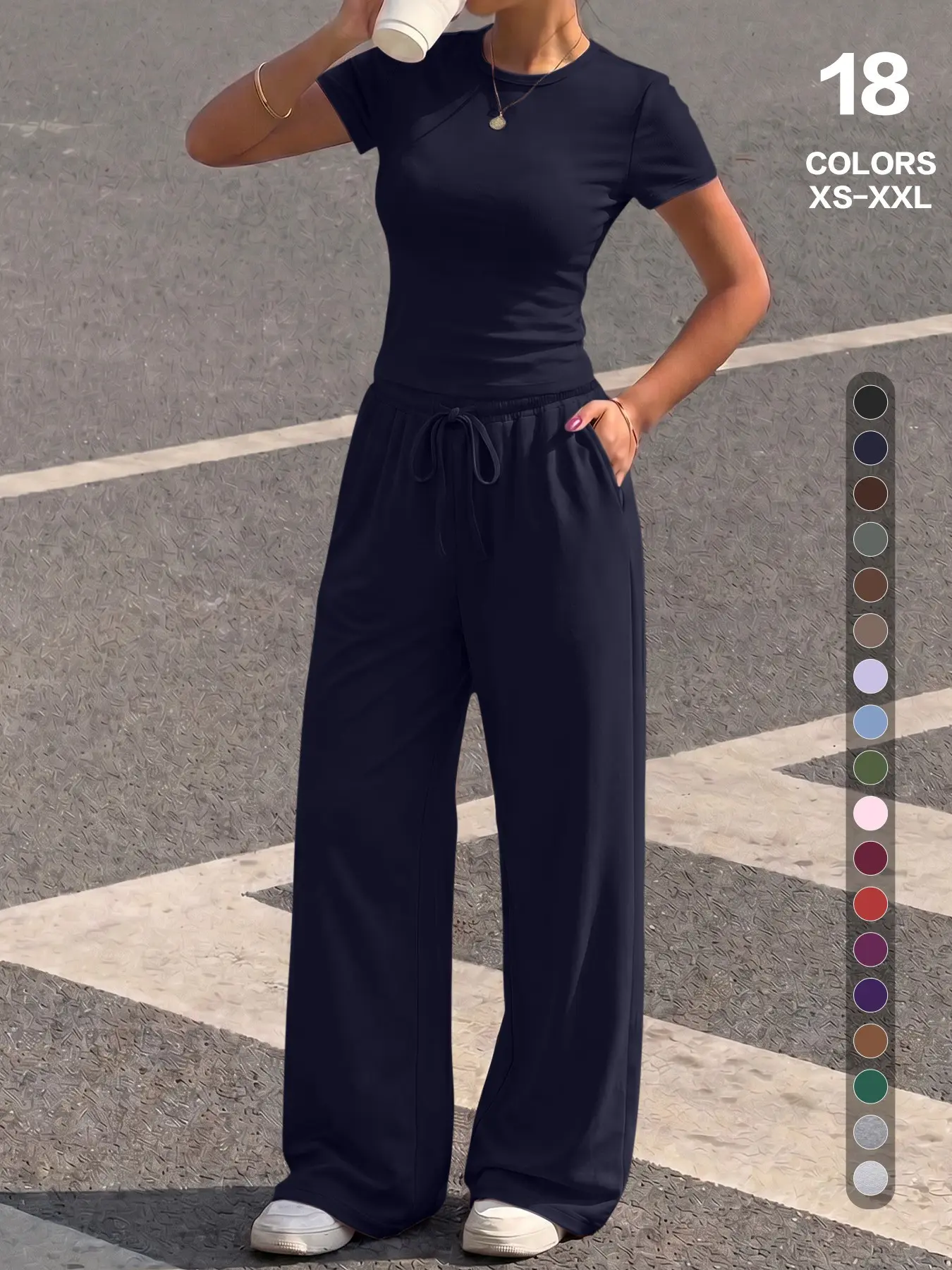 Women's 2-Piece/6-Piece Short Sleeve & Wide Leg Pants Set, Slim Fit Casual Sleepwear Loungewear, Plain Color Comfortable Home