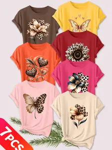 7PCS Women Crew Neck Casual Tee, Leopard Floral Butterfly Print, multi-color, washable, soft summer top