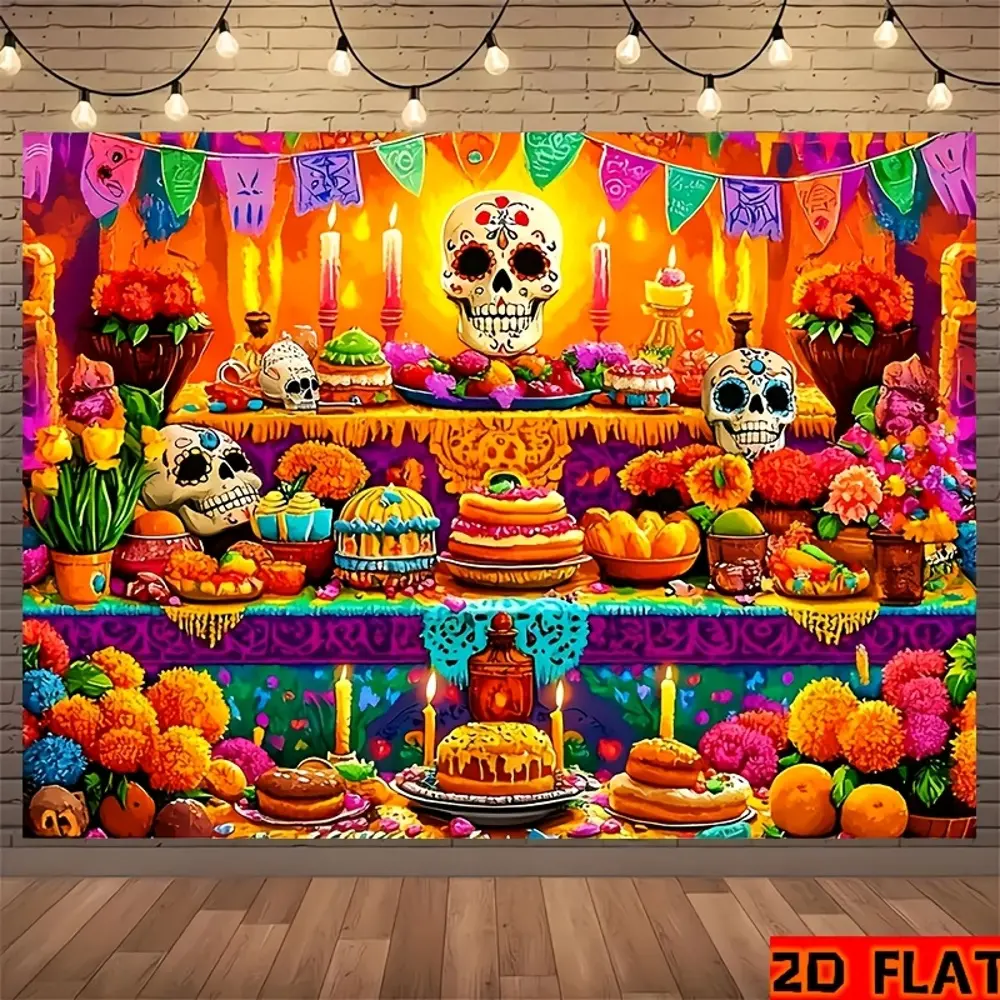 2D Flat Banner Day of the Dead themed polyester photography backdrop, HD digitally printed soft lightweight foldable background cloth, suitable for holiday events, theme parties, portrait photos, product photography, video studio