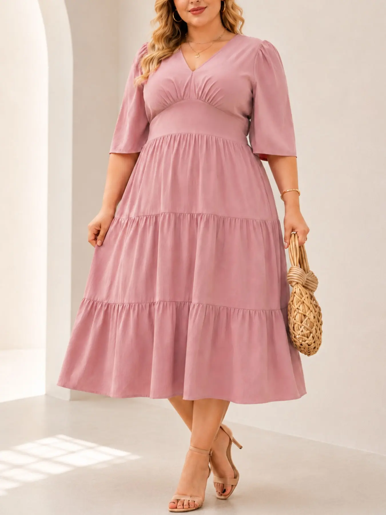 Plus Size V Neck Waist Cinch Cake Dress, Medium Sleeve Slimming Soft Style Midi Dress, Elegant, Feminine and Comfortable Evening Wear, Elegance