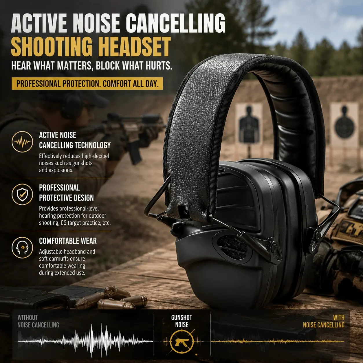 Professional Hunting Earmuffs: CS Target, Active Noise Cancelling for Gunshots, Enhanced Ambient Sound Mode, Foldable & Portable, Adjustable Headband for Comfort.