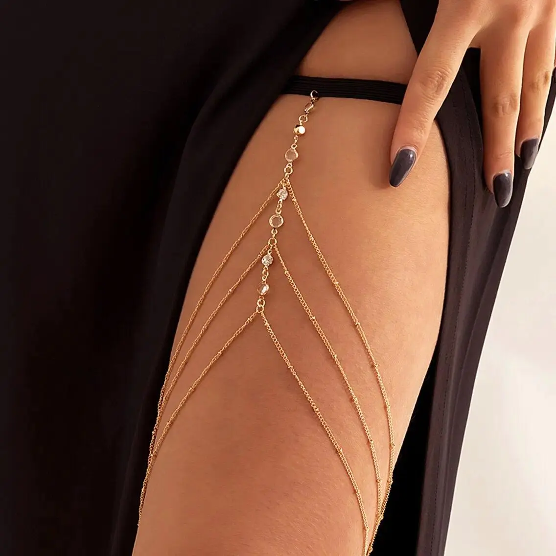 Women's Iron Multilayered Thigh Chain - Sexy Crystal Tassel Body Chain with Elastic Band, 11G Gold Unisex Accessory for Summer Beach, Daily Wear (No Silver Option)