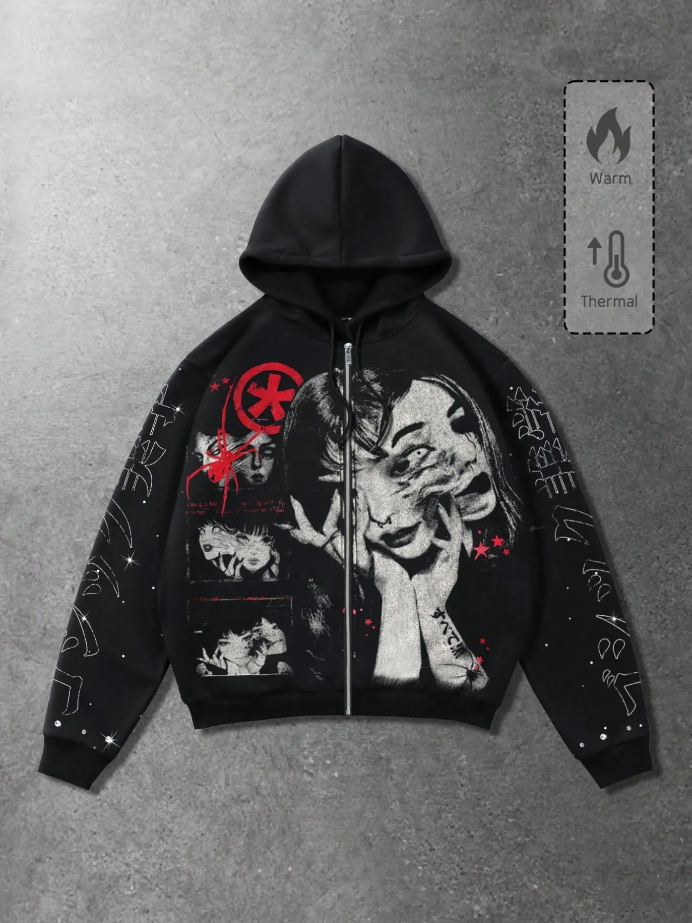 American-style dark subculture full-zip hoodie featuring a spliced ​​face print; designed with a red-and-black color scheme, spider motifs, and Japanese text; includes star prints on the sleeves; fleece-lined for warmth with a loose, unisex fit.