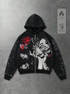 American-style dark subculture full-zip hoodie featuring a spliced ​​face print; designed with a red-and-black color scheme, spider motifs, and Japanese text; includes star prints on the sleeves; fleece-lined for warmth with a loose, unisex fit.