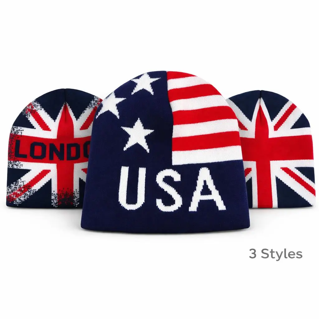 USA & UK Flag Knitted Beanie Hat - Winter Warm Skull Cap for Men & Women (3 Styles)