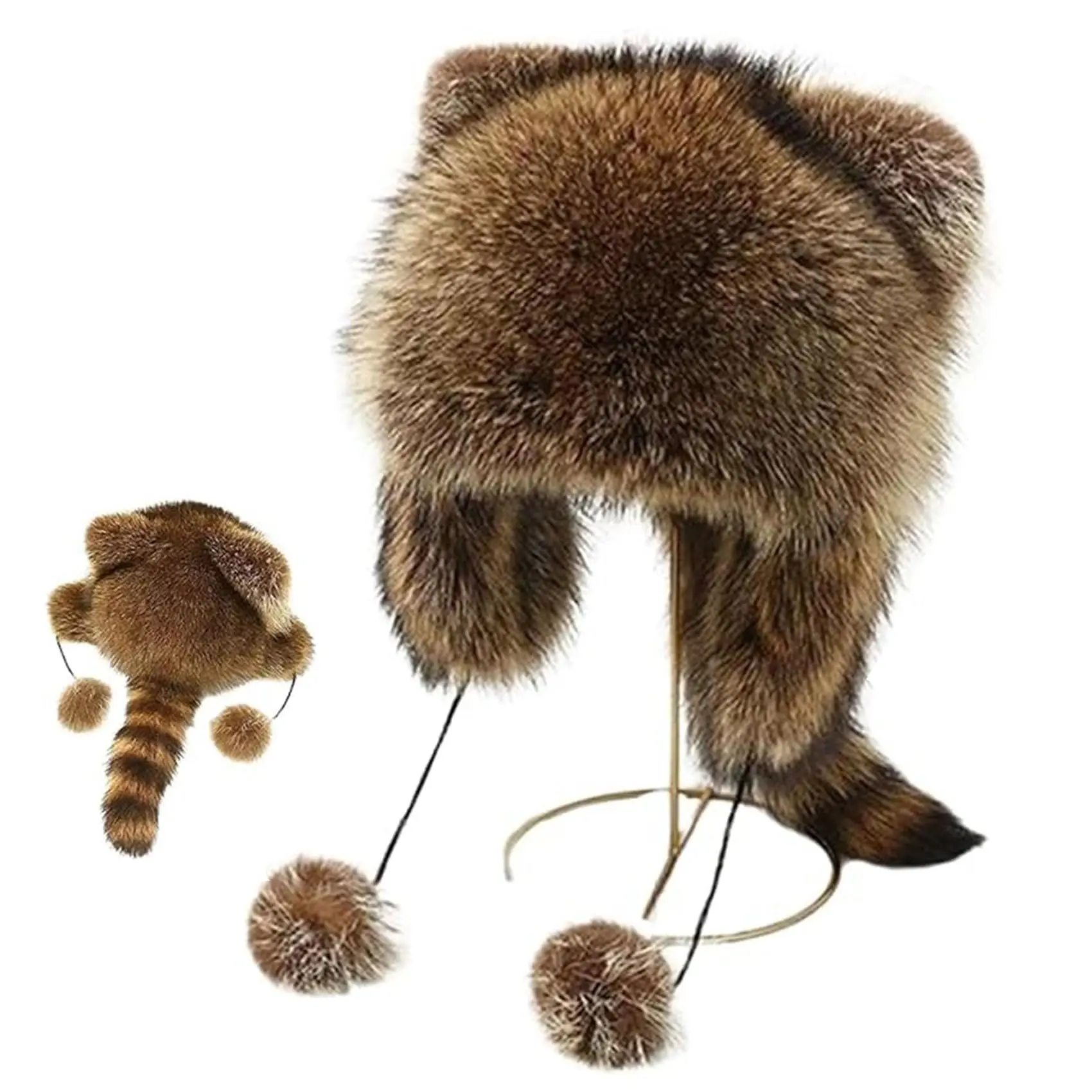 Y2K Faux Fur Hat for Women & Men, Cute Fluffy Winter Beanie with Raccoon Tail Detail and Detachable Ear Warmers, Warm Cozy Cold Weather Headwear for Outdoor Activities, Streetwear Style & Holiday Outfits