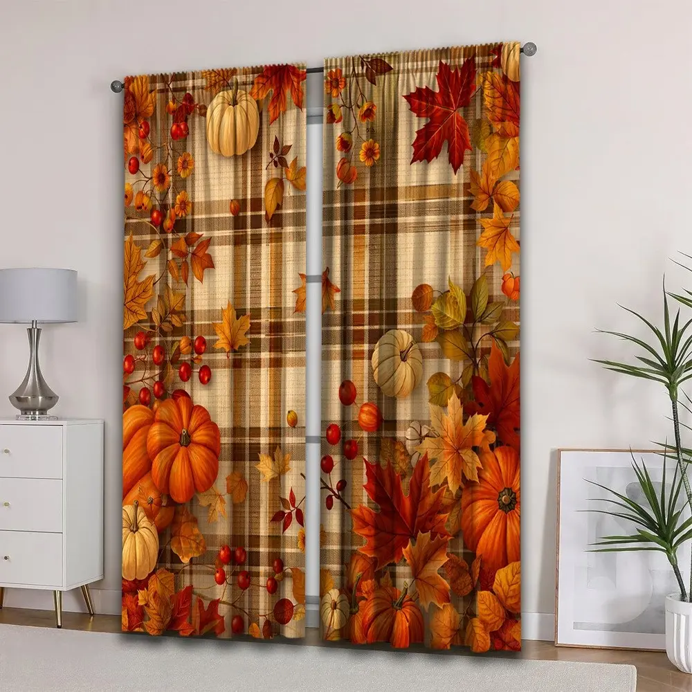 2-Piece Fall Plaid Pumpkin Maple Leaf Thanksgiving Curtains, Modern Art Style, Semi-Transparent Privacy & Light Blocking, Home Decor, Rod Pocket Design