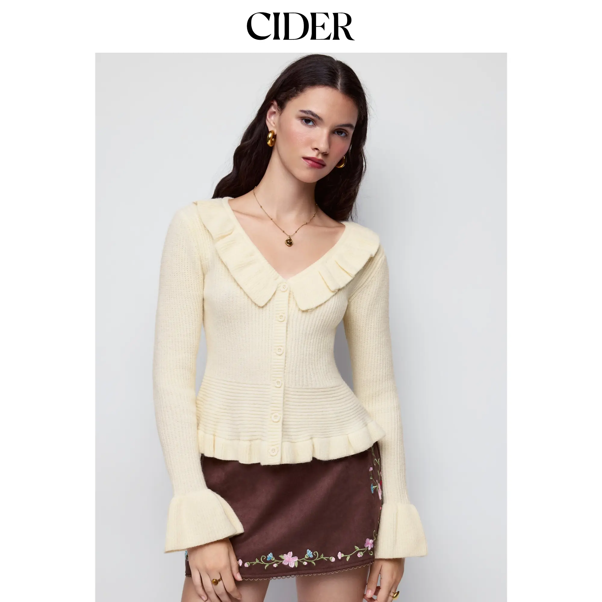 Cider Knit V-neck Frilled Ruffle Sleeve Peplum Hem Cardigan