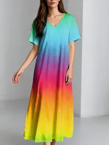 Rainbow Gradient V-Neck Dress, Women's Summer Loose Short Sleeve Long Dress, Vacation Style Slimming A-Line Dress, Side Pocket Design