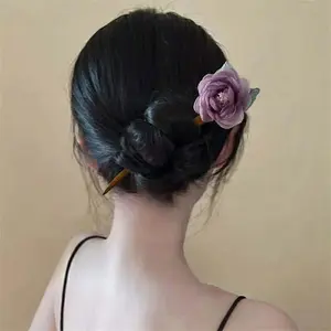 New Chinese Style Flower Wood Hair Stick for Women Girl Elegant Purple Mesh Rose Flower Charm Hairpin Hair Accessories 2025