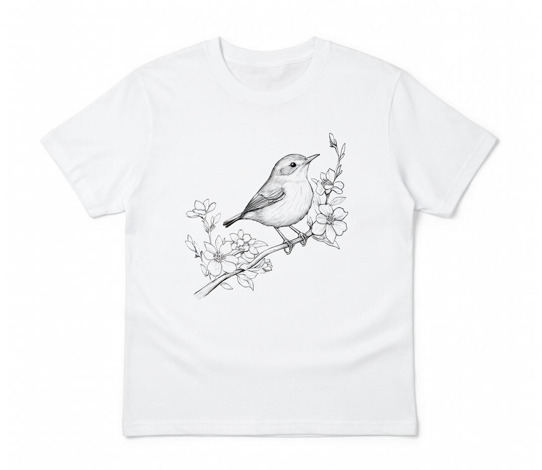 Botanical Bird Graphic Tee for Nature Lovers Vintage Illustration Top Wildflower & Songbird Apparel for Ornithology Enthusiasts Comfy Fitted Short Sleeve Crew Neck Summer T-Shirt - Womenswear