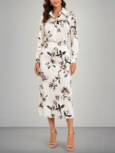 Women's 2-Piece Set: Floral Print Satin Blouse + Midi Skirt, Elegant Retro Design, Perfect for Office & Formal Events