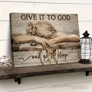 Give It To God And Go To Sleep Neutral Rustic Wood Plank Canvas Wall Art, Framed Calming Christian Woman Prayer Print, Weathered Vintage Farmhouse Decor Ready To Hang
