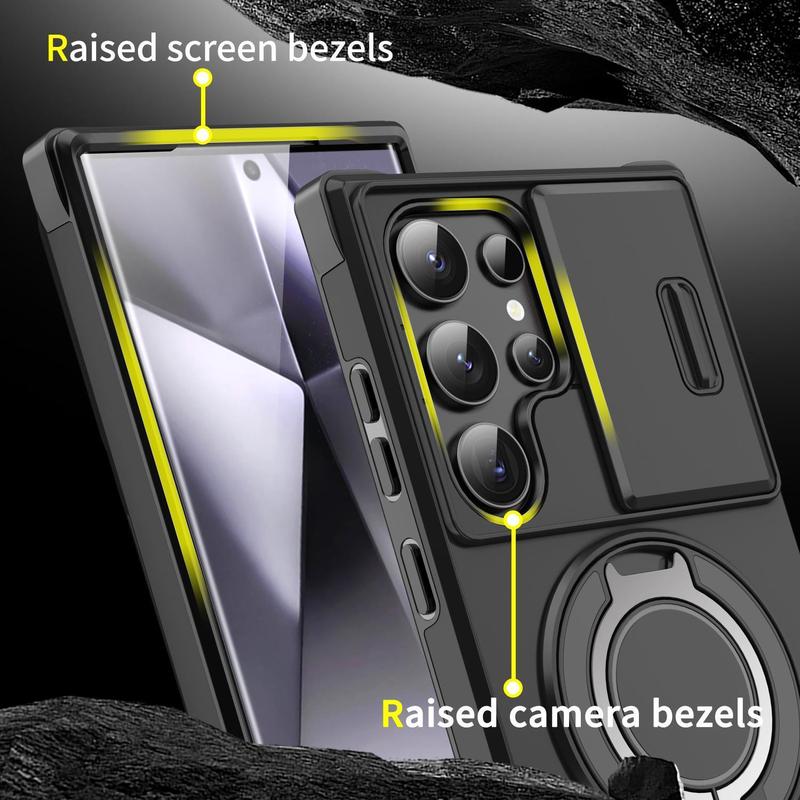 OREKROY Shockproof Magnetic Case with Slide Camera Lens Protector for Samsung Galaxy S25/S24/S23/S22/S21 Ultra Plus Rotating Ring Holder Black TPU+PC Armor Casing