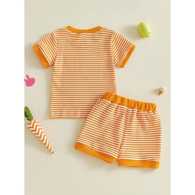 Toddler Baby Little Girl Easter Shorts Set Short Sleeve Carrot Bunny Letter Embroidery T-Shirt and Shorts Outfits 0-3 Years