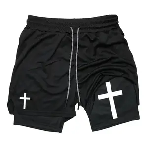 Cross-print athletic shorts, double-layer drawstring waistband fitness training pants