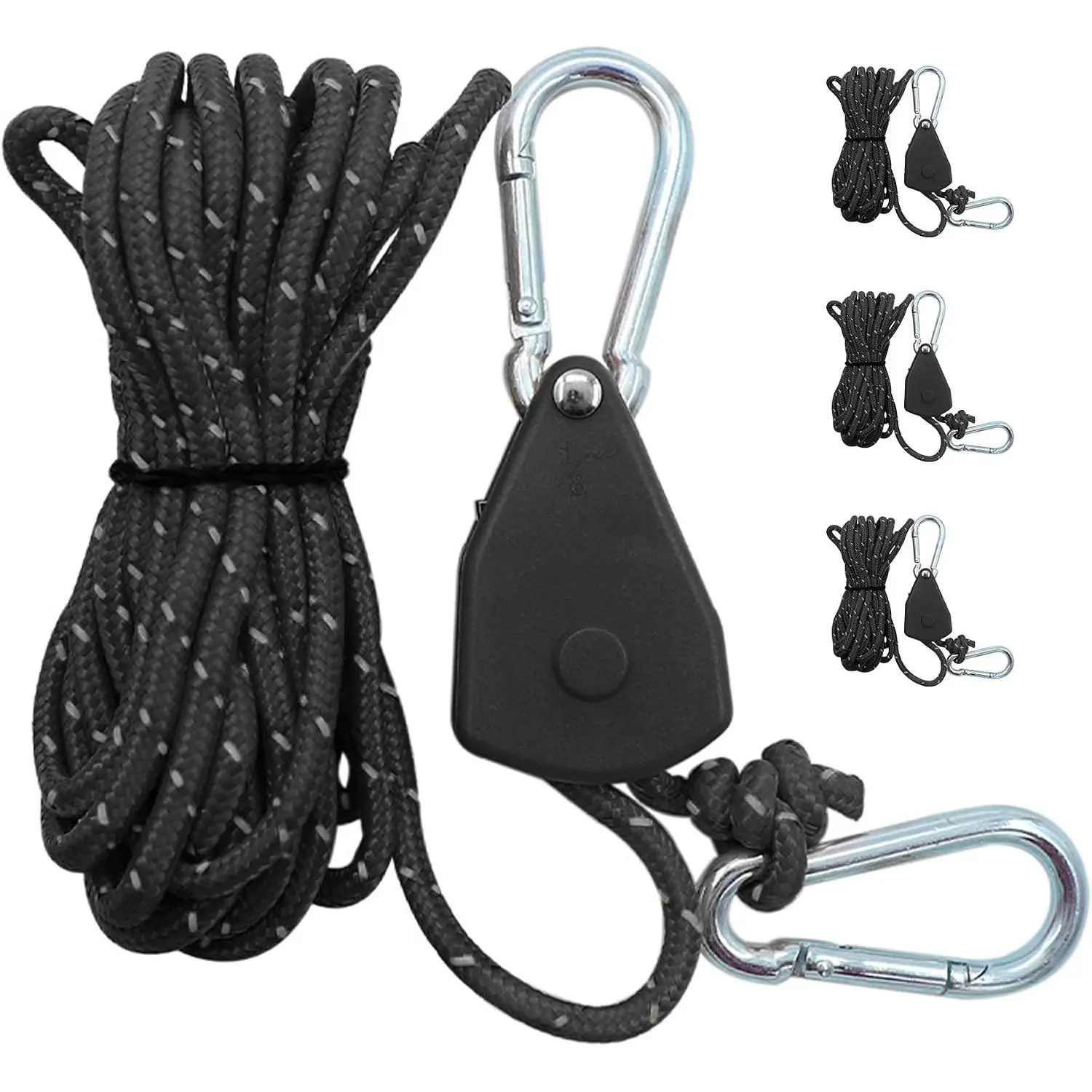 4 count 4mm Adjustable Ratchet, 4m Rope with tensioner, Adjustable Ratchet Clothes Hanger, Tent with Storage Bag, Sunshade sail Reflective Rope (Black)