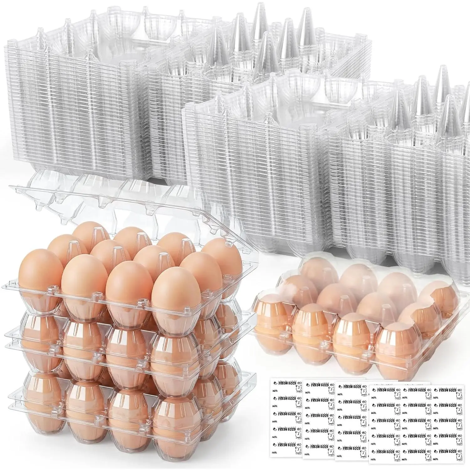 100 PCS Plastic Egg Cartons Bulk with Date Labels, 12 Count | Clear Reusable Egg Holder for Fresh, Medium Eggs Storage, Suitable for Farms, Families, Markets Display