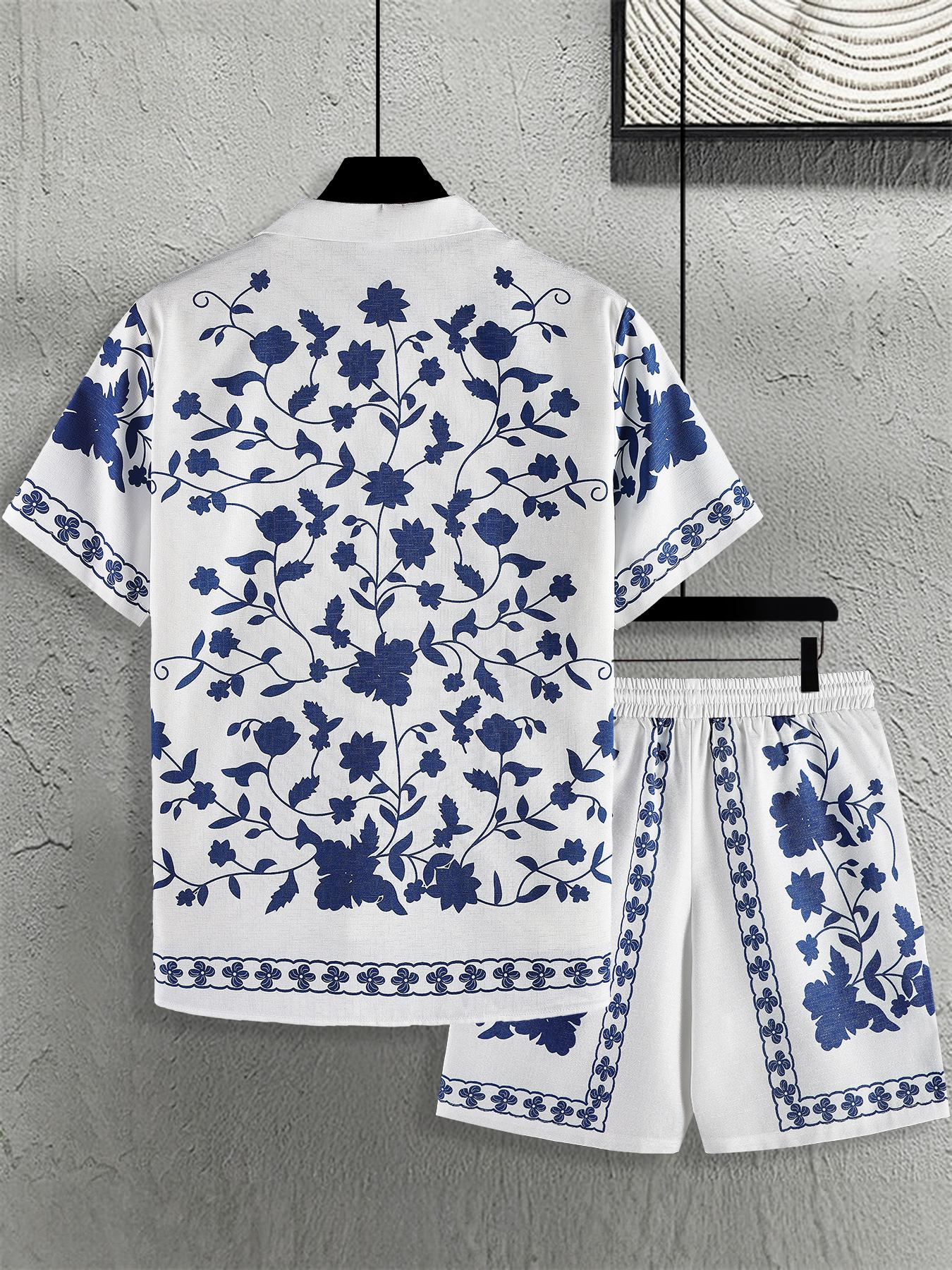 Men's Ethnic Pattern Button Front Shirt & Shorts Loungewear Two-Piece Set, Casual Comfy Short Sleeve Top & Shorts PJ Set, Men's Sleepwear for Summer