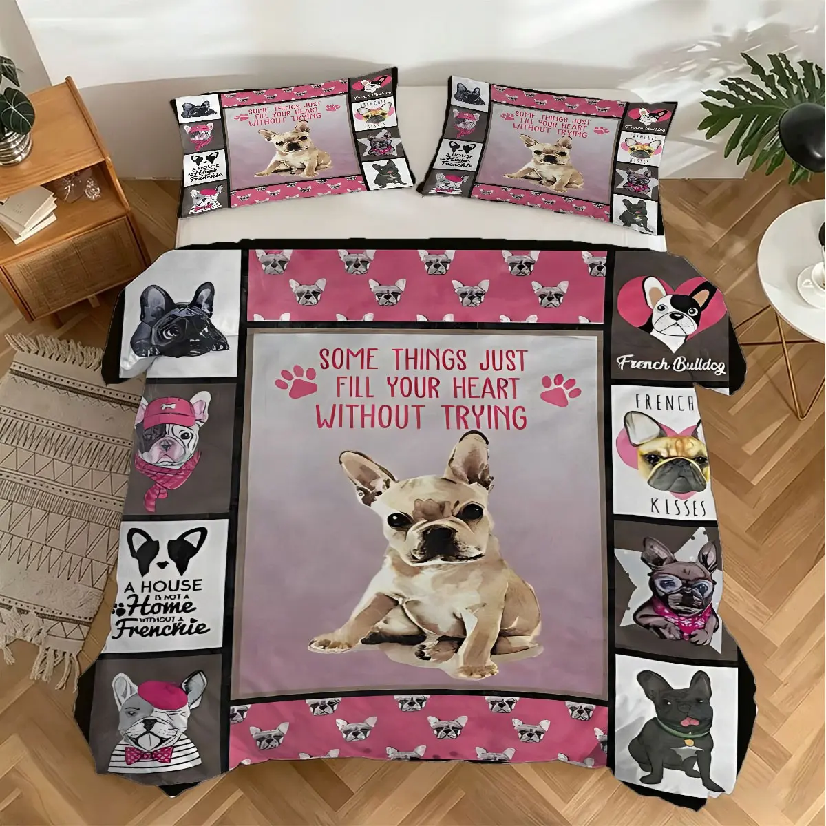 2/3Pcs French Bulldog Pattern Decorative Duvet Cover Set, Cute Dog Bedding Set, Print Bedding Set, Perfect for Pet Lover Bedroom, French Bulldog Owner Room Home Decor. Ideal Gift for French Bulldog Owners, Dog Lovers. 1 or 2 Pillowcase, No Filling