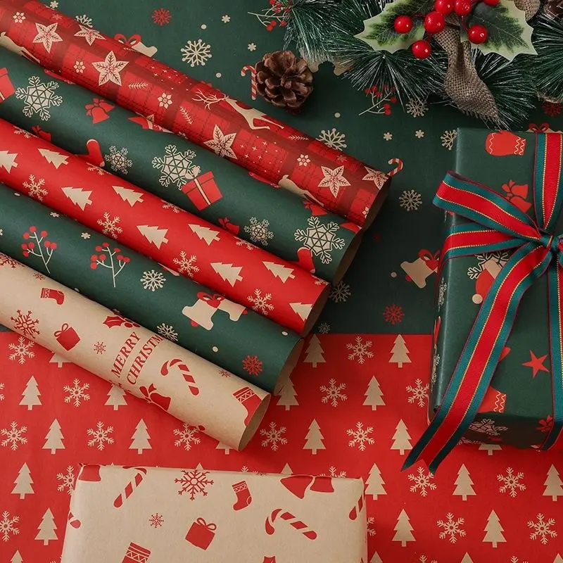 Vintage Christmas Kraft Wrapping Paper Set, 5 Sheets, Rustic Paper with Santa Tree Snowflake Prints, Eco-Friendly Gift Wrapping