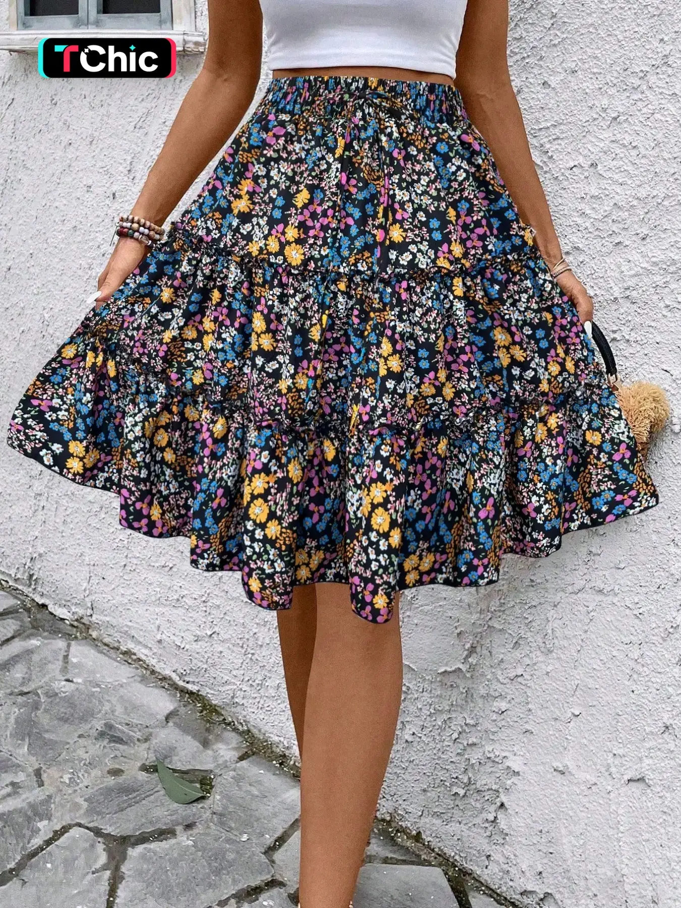 Women Lightweight Chiffon Floral Ruffled Hem Bohemian Skirt (Assorted Prints) Women Lightweight Chiffon Floral Ruffled Hem Bohemian Skirt (Assorted Prints)