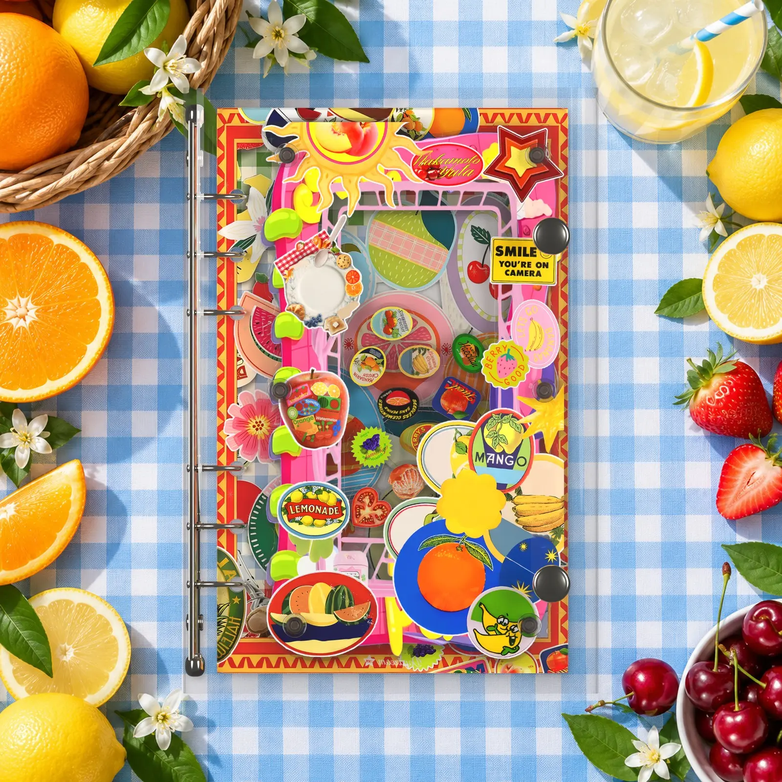 Retro Fruit Market Acrylic Shaker Notebook, Handmade A6 Refillable 6-Ring Binder Journal with 25 Photo Sleeves & 30 Lined Pages, Cute Fruit Gift