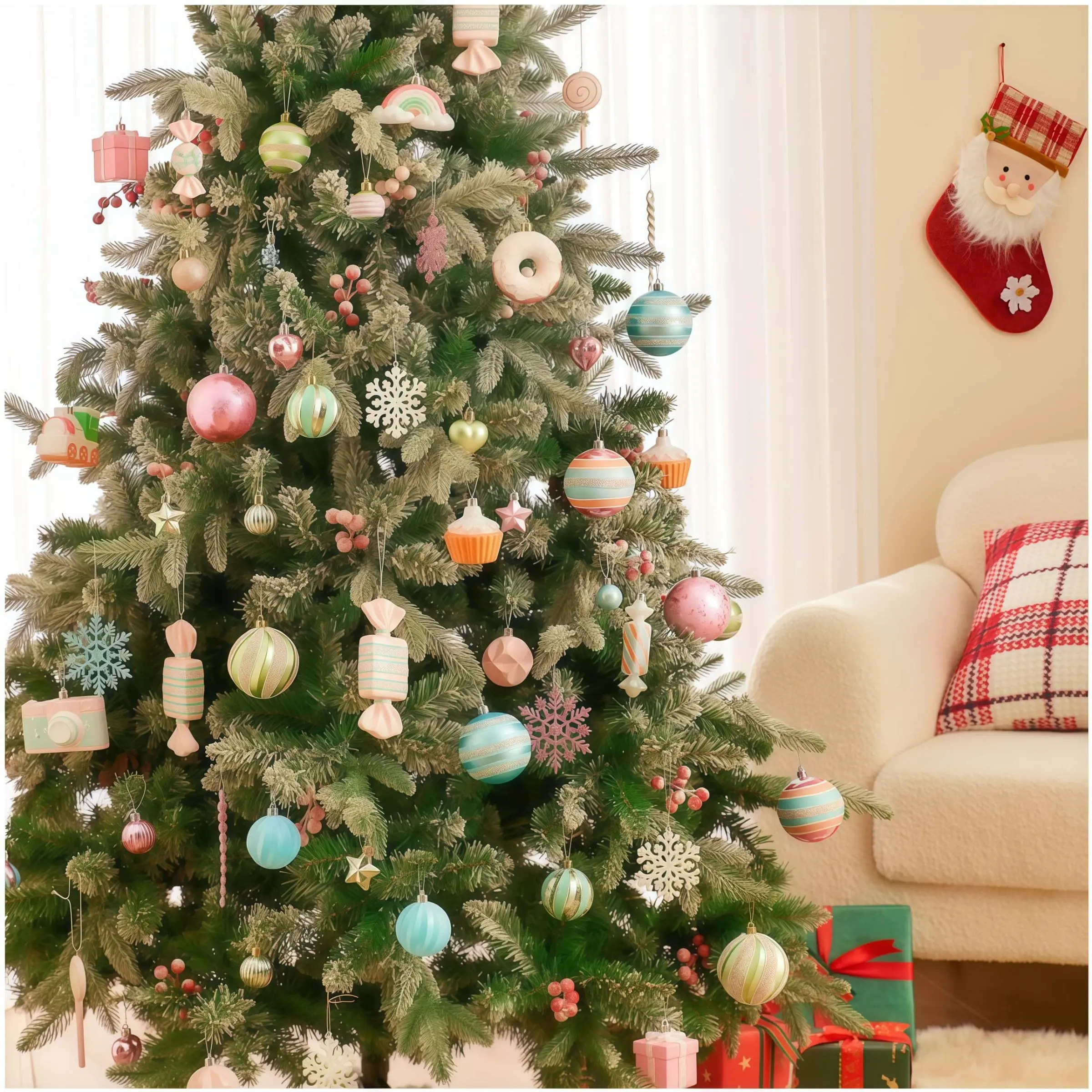 58pcs Christmas Ball Set, Electroplated Painted Macaron Colors, Durable Hanging Ornaments, New Year Party Decorations, Asww58 Model