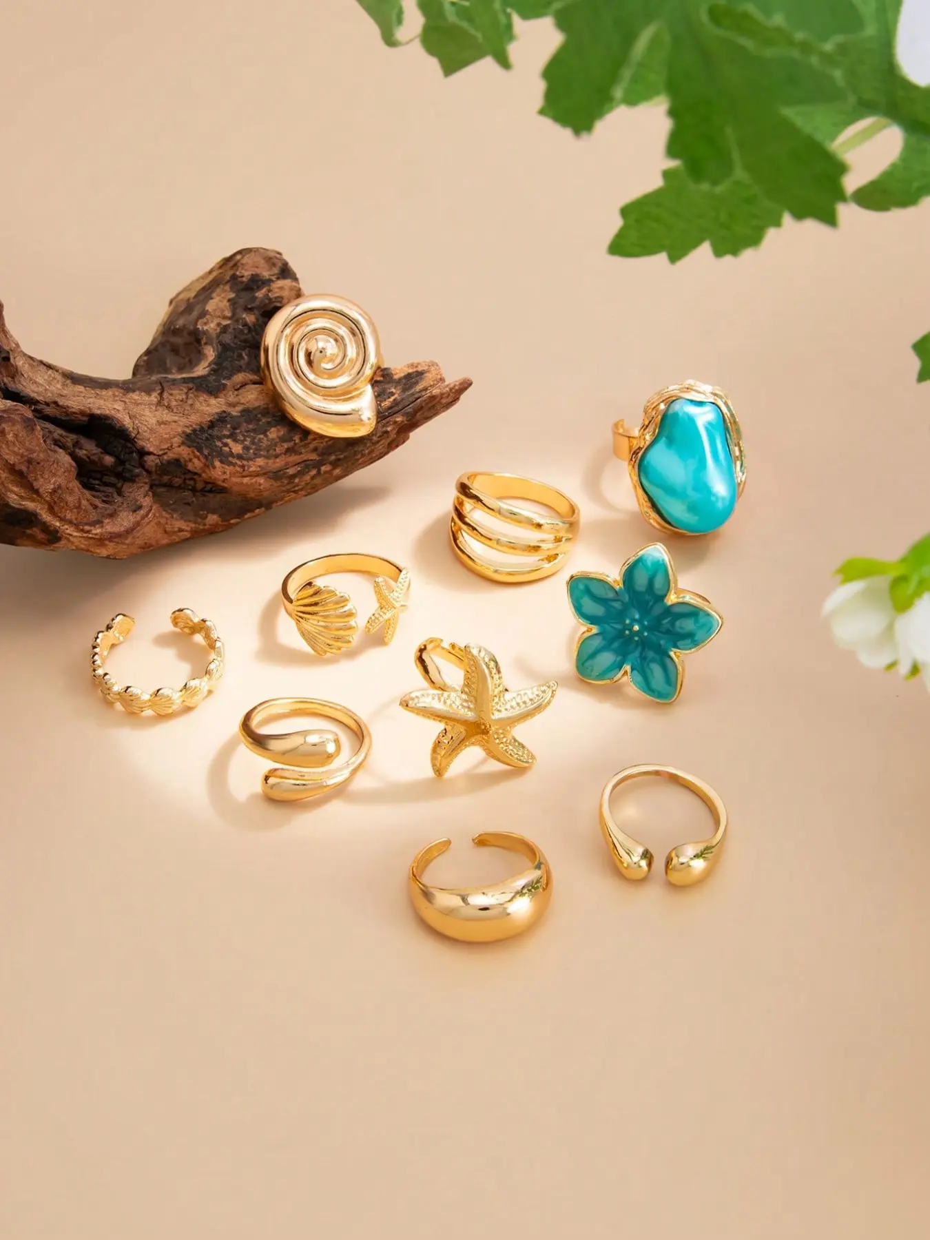 10pcs/Set Bohemian Vacation Style Oil Drip Flower & Starfish Ring Set, Sweet Cool Hot Girl Ins Alloy Flower Ocean Stackable Rings, Holiday Gift, Beach Vacation, Birthday Gift Exquisite Jewelry