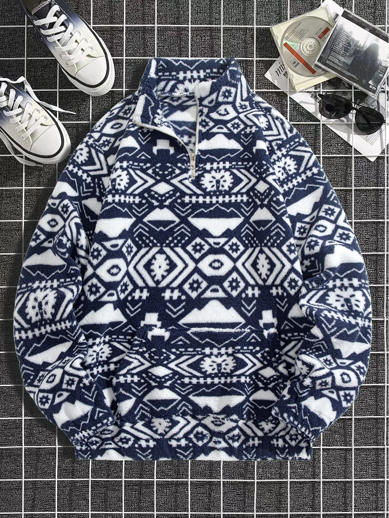Vintage Navy Aztec Tribal Pattern Fluffy Fleece Half Zip Pullover for Men, Retro Stand Collar Casual Sweatshirt, Cozy Warm Top for Hiking