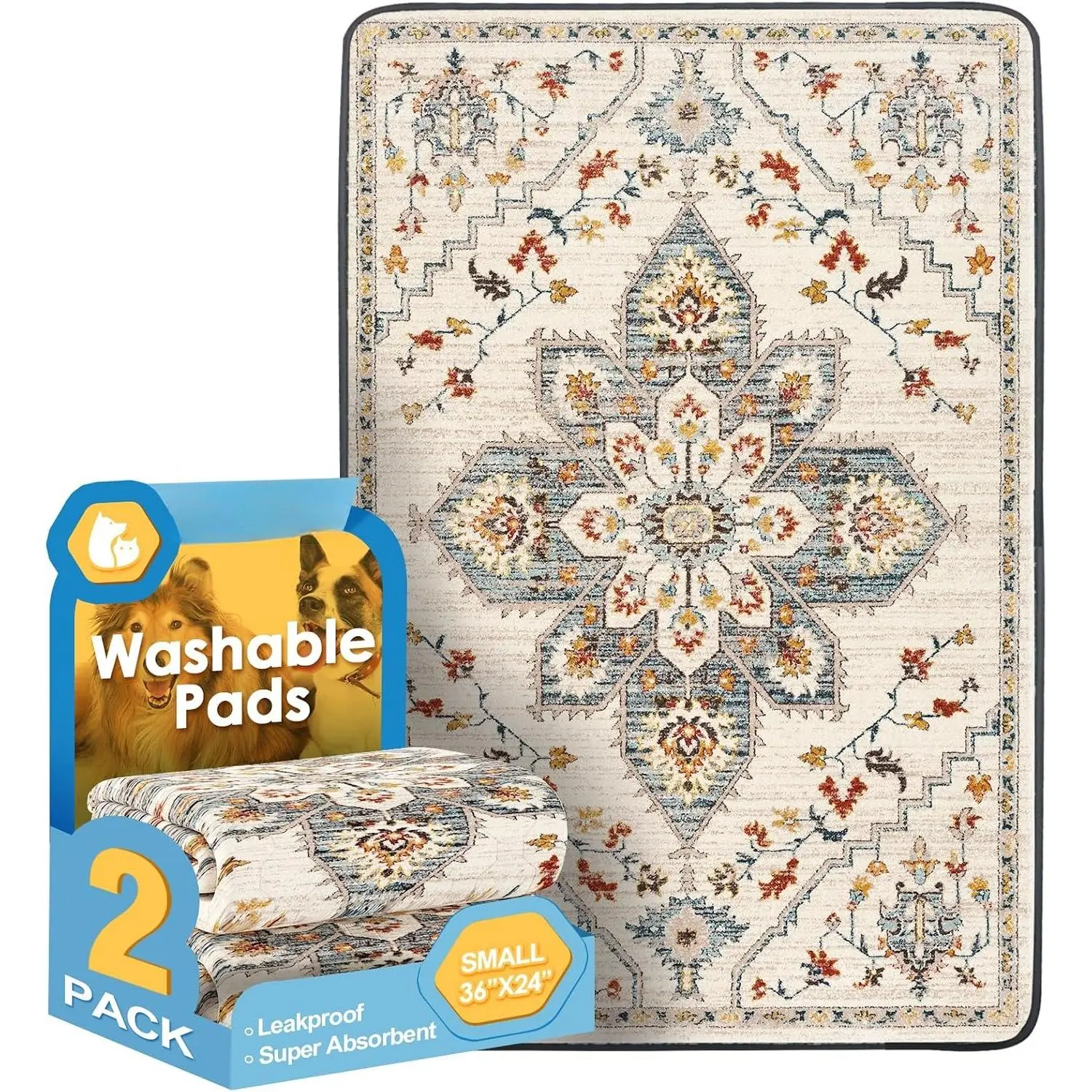 Washable Pee Pads for Dogs 2 Pack, 36" x 24"  Puppy Pads , Super Absorbent  Rugs, Leakproof,  Crate Pad, Playpen Mat, Whelping Pads, White Medallion