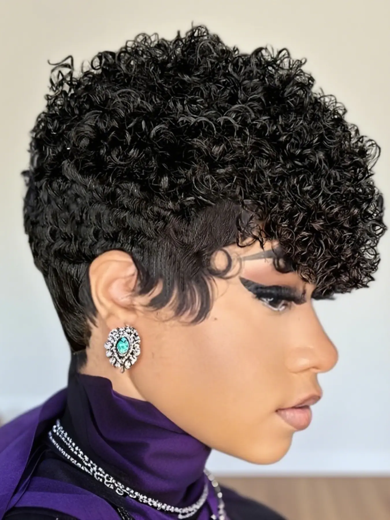 Human Hair Wig Afro Curly Kinky Pixie Cut with Bangs, 180% Density Full Machine Made Wig, Natural Look, Easy Maintenance