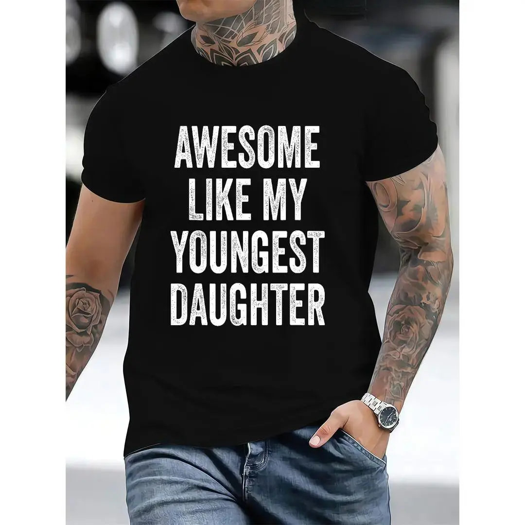 Male Fitted Cotton Sports Top - Short-Sleeve Crew Neck Graphic Sportswear, "Awesome Like My Youngest Daughter" Print, Machine Washable for Halloween, Thanksgiving, Easter