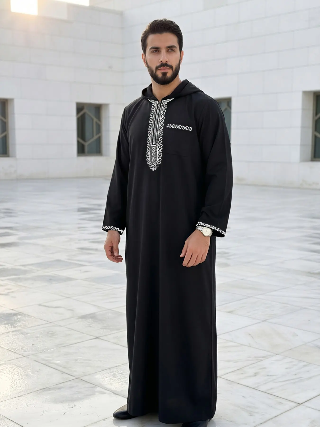 Moroccan Traditional Clothing, Moroccan Thobe, Loose Fit Jubba, Classic Hooded Men's Embroidered Casual Long Robe, Eid Al-Adha Festival Wear for Muslim, Perfect Gift