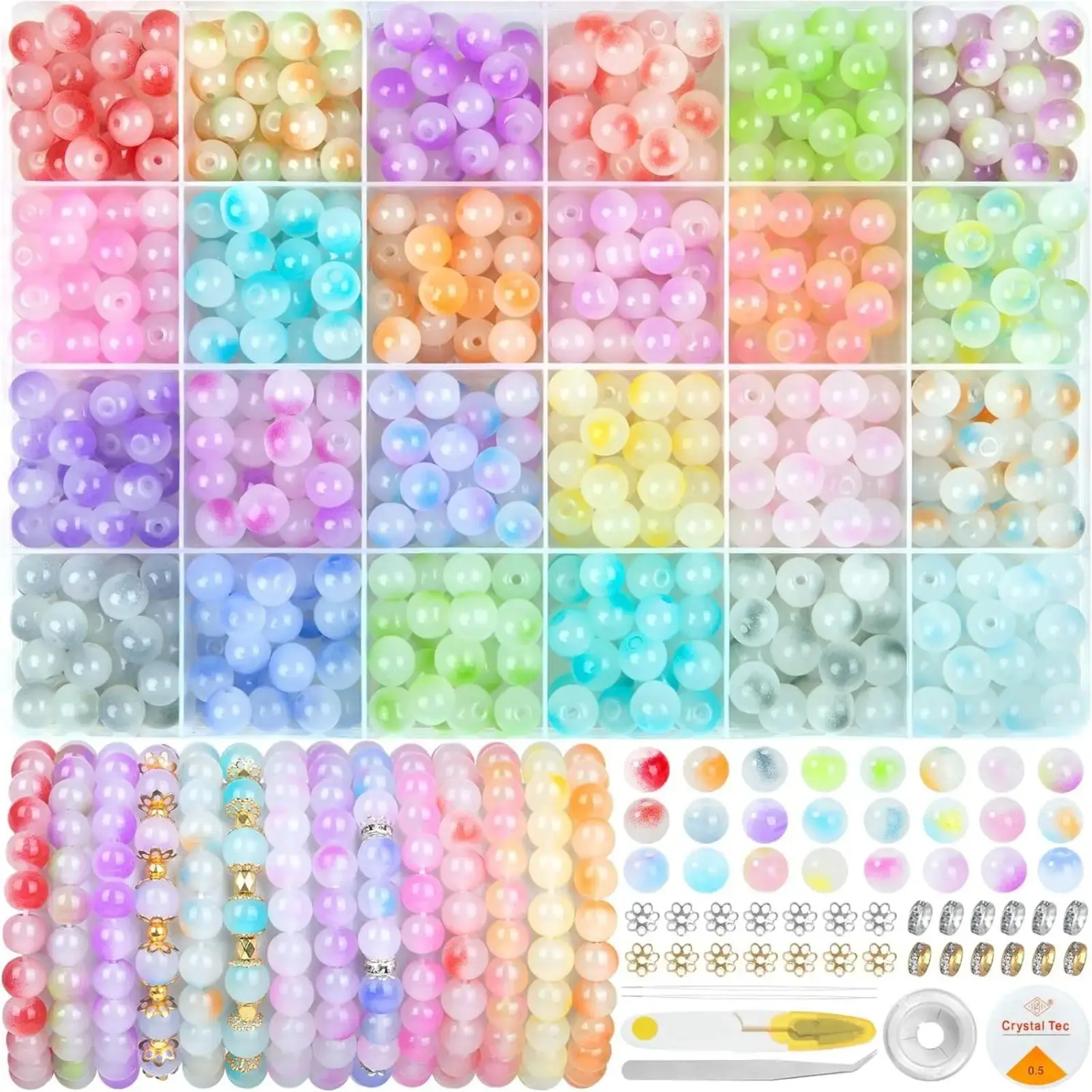480PCS Glass Beads Jewelry Making Kit – 24 Colors 8mm Crystal Beads for DIY Bracelets, Earrings, Necklaces & Rings, Friendship Jewelry Craft Supplies Set