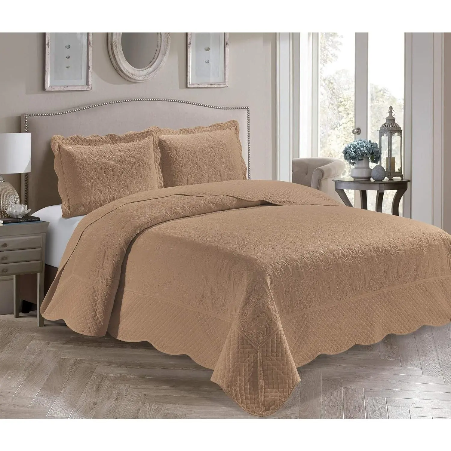 3 Piece Over Size King/California King Embossed Solid Taupe Color Coverlet Bedspread 118" x 106" New # Veronica
