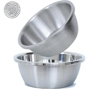 304 Stainless Steel Fine Mesh Colander Set, 4.5QT Large Capacity Strainer with Mixing Bowl — Rinse Fruits, Veggies, Rice & Drain Pasta, Dishwasher Safe (2-)
