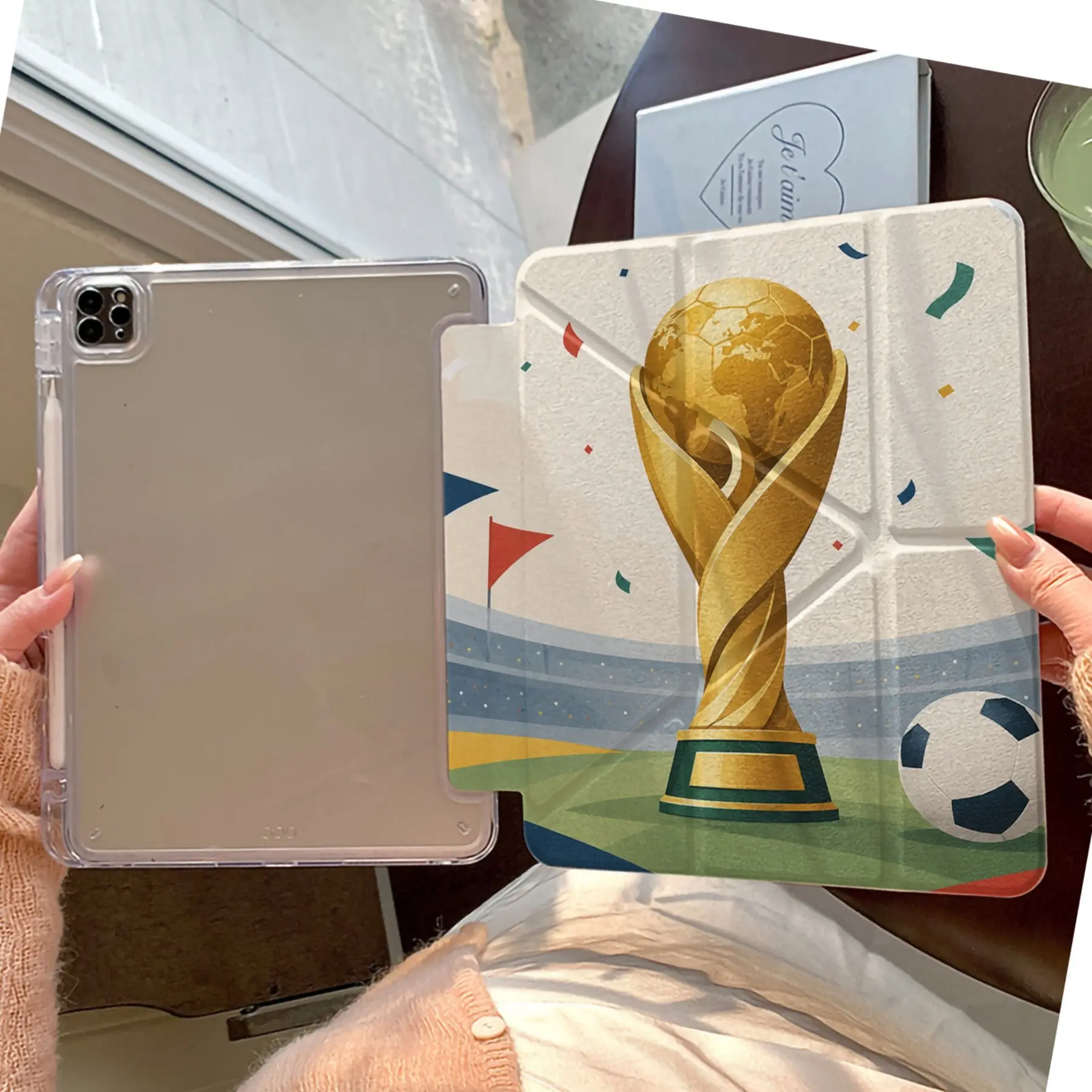 Korean Style Simple Football Trophy Tablet Case for iPad 11th Gen A16, iPad 10th Gen, Pro, Air, 11 Inch, Pen Slot, Bend-Resistant, Gift Idea