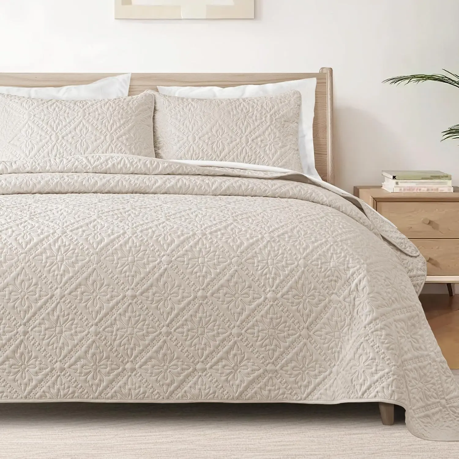 Full Queen Quilt Set, Brich Beige | Lightweight Soft Bedspreads Coverlets, All Season Bedding with 2 Pillow Shams, Modern Style for Bedroom Guest Room