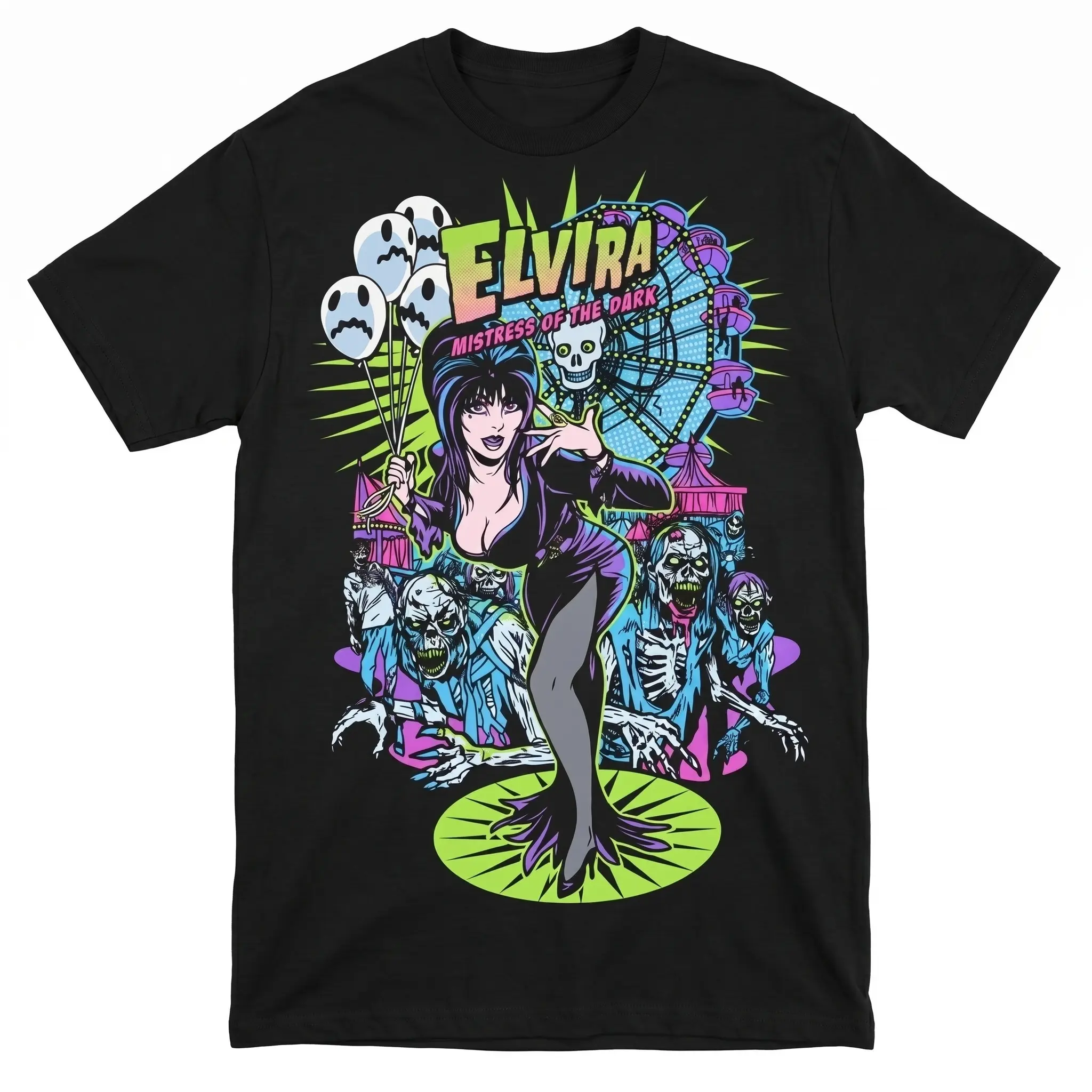 Elvira Mistress Of The Dark Carnival Zombie Graphic T‑Shirt, Retro Horror Circus Tee, Neon Gothic Apparel, Unisex Cotton Shirt Gift For Horror Movie Fans Men Women LK00156TD