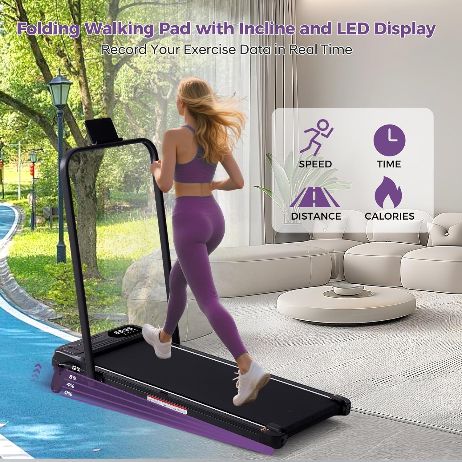 SUNDAY MIRTH Portable Foldable Walking Pad with Handle Bar and Adjustable Incline, Under Desk Walking Pads Treadmill with Incline and Handles, 3.5HP Folding Electric Treadmills for Home Small, 0.6-7.6MPH, 350LBS