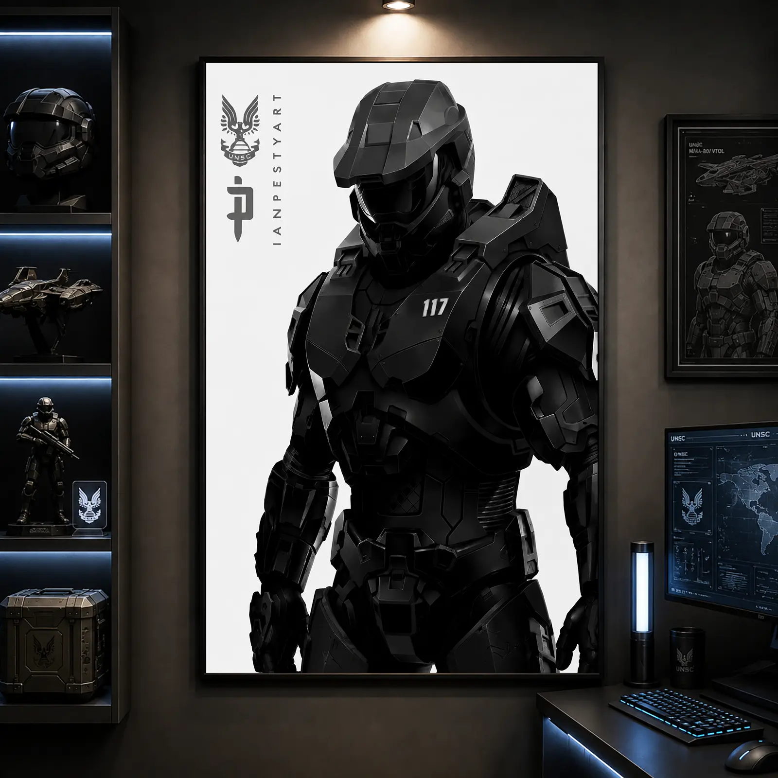 Halo Spartan 117 Black-Framed Canvas Poster - Master Chief Inspired Plain Gaming Wall Art, Local US Sci-Fi Armor Print, Multi-Size (12"x18",16"x24") for Gamer Room, Man Cave