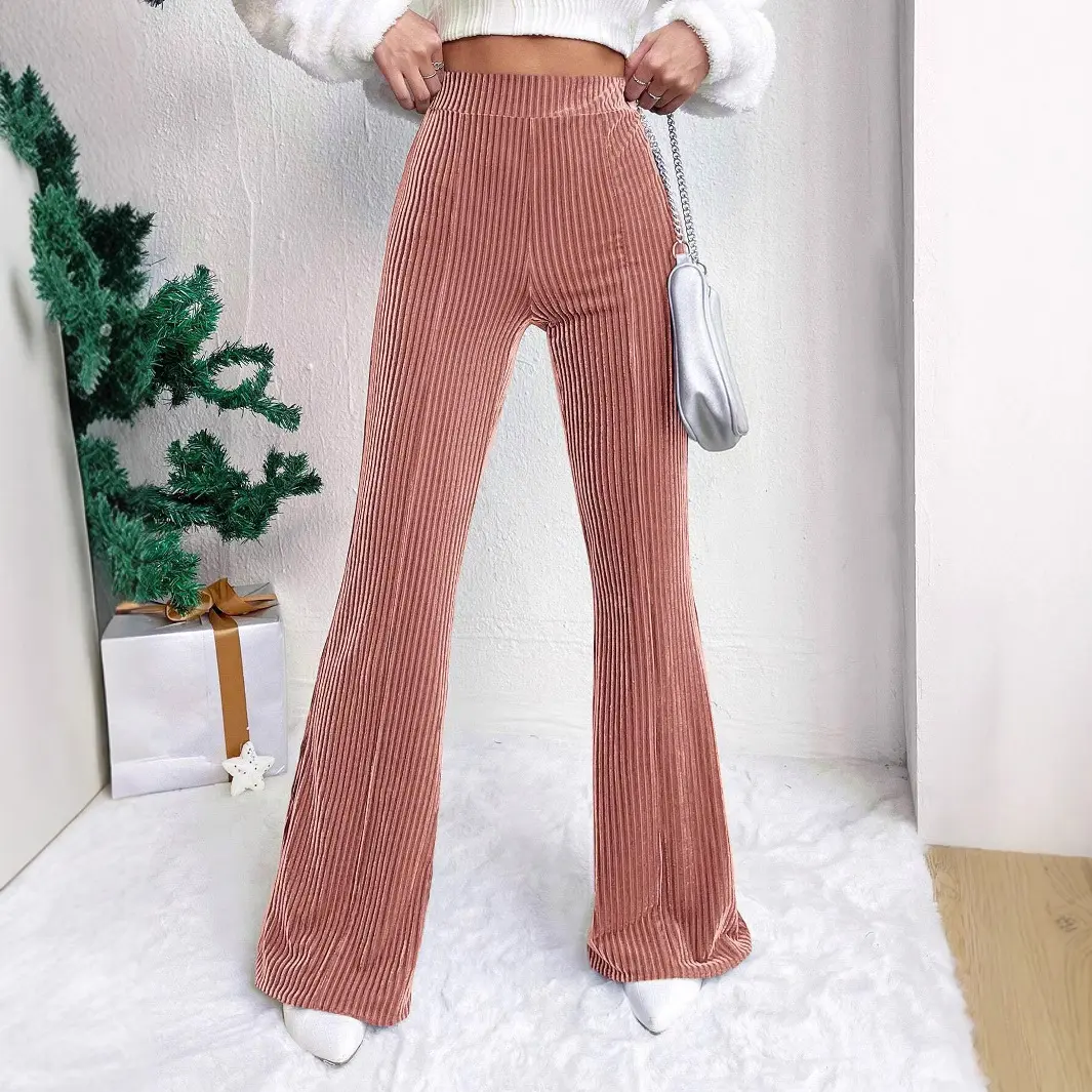 Women's High-Waist Light Polyester Corduroy Bell-Bottom Wide-Leg Pants - Quilted, Stitched Details, Asian Sizing, Loose Fit, Full Length, Casual Wear
