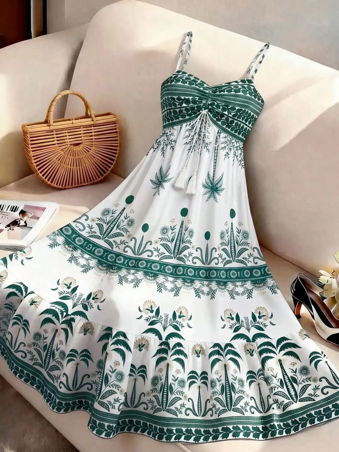 Women's Floral Printed Thin Strap Sleeveless Tie Waist A-Line Dress, Elegant Casual Style, French Streetwear Vintage Look, Summer New Arrival